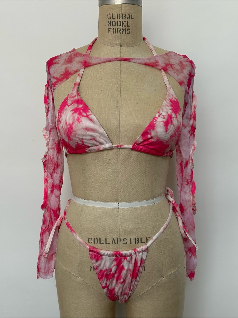Pink Tie-Dye Triangle Bandeau Bikini Set with Sheer Long-Sleeve Cover